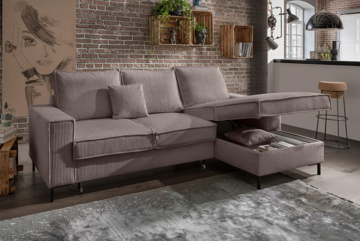 ECKSOFA mit Schlaffunktion, Bettkasten, Wellenunterfederung, Récamiere rechts B240/T150/H92 cm, Liegefl. 125x198 cm, Cord Braun Taupe / 17222 - Taupe/Schwarz, Textil/Metall (240/150cm) - luma-home