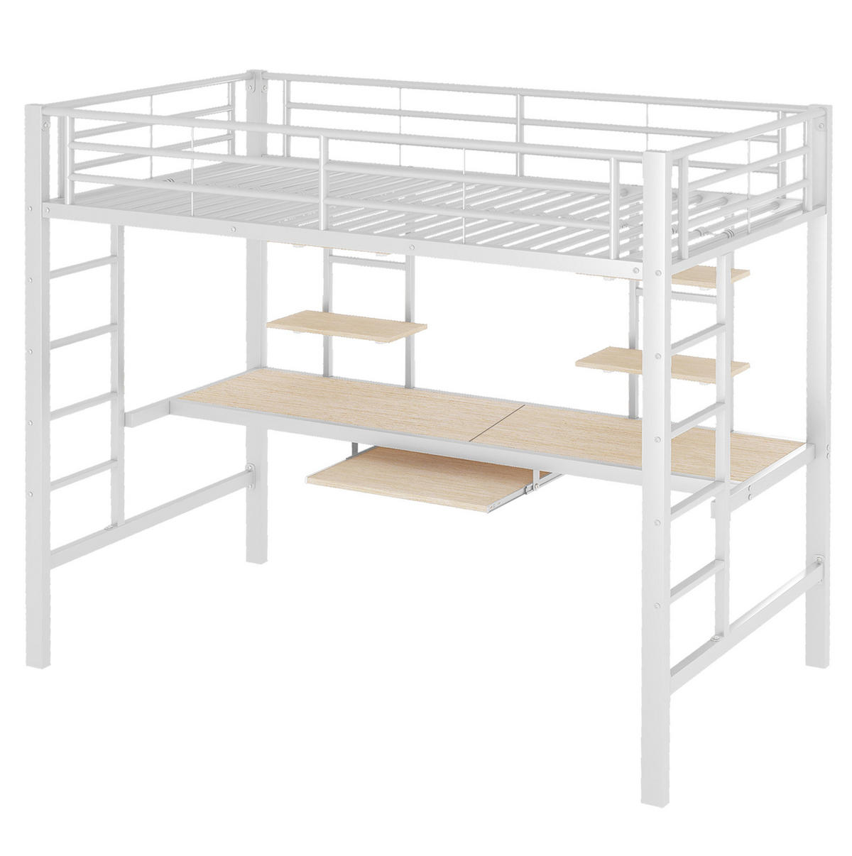 HOCHBETT mit Schreibtisch 90/200 cm in Weiß – mit Regalen, Leiter und Rausfallschutz - Weiß, Metall (90/200cm) - BEAOK