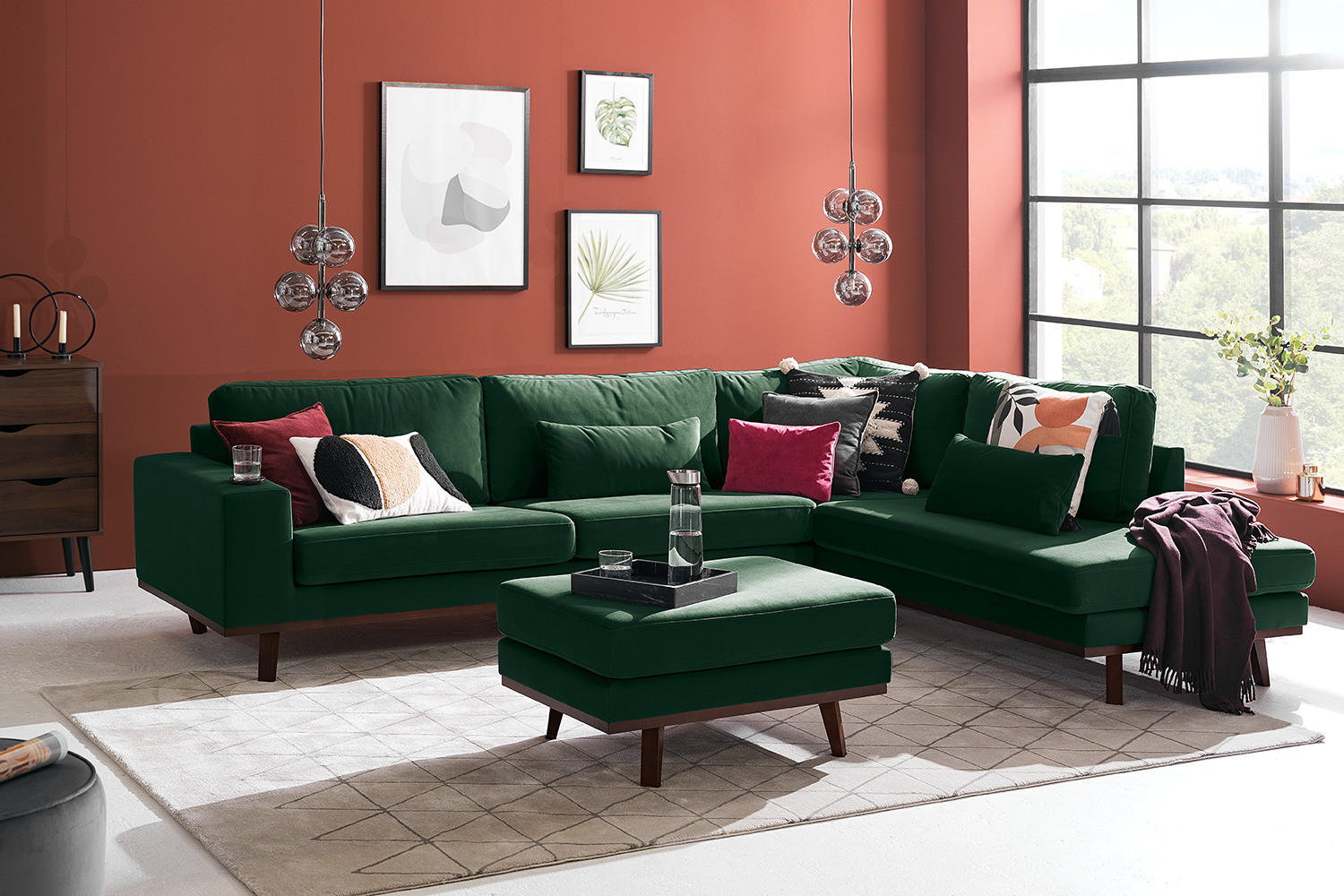 ECKSOFA mit Ottomane - Buchefarben/Grün, Textil (287/219cm) - home24