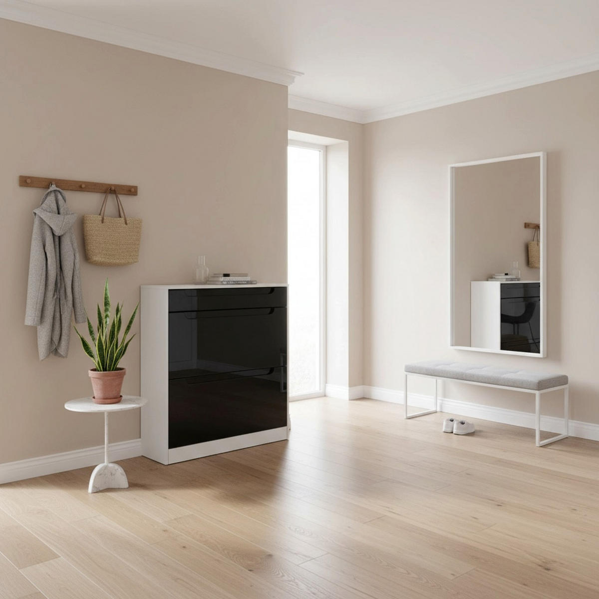 SCHUHSCHRANK Venezia Schmal mit 2 Klappen und 1 Schublade, Platzsparender Schuhkipper, Schwarz Hochglanz (89 x 95,5 x 23 cm) - Schwarz Hochglanz, Holzwerkstoff (89/95.5/23cm) - InnoFurn