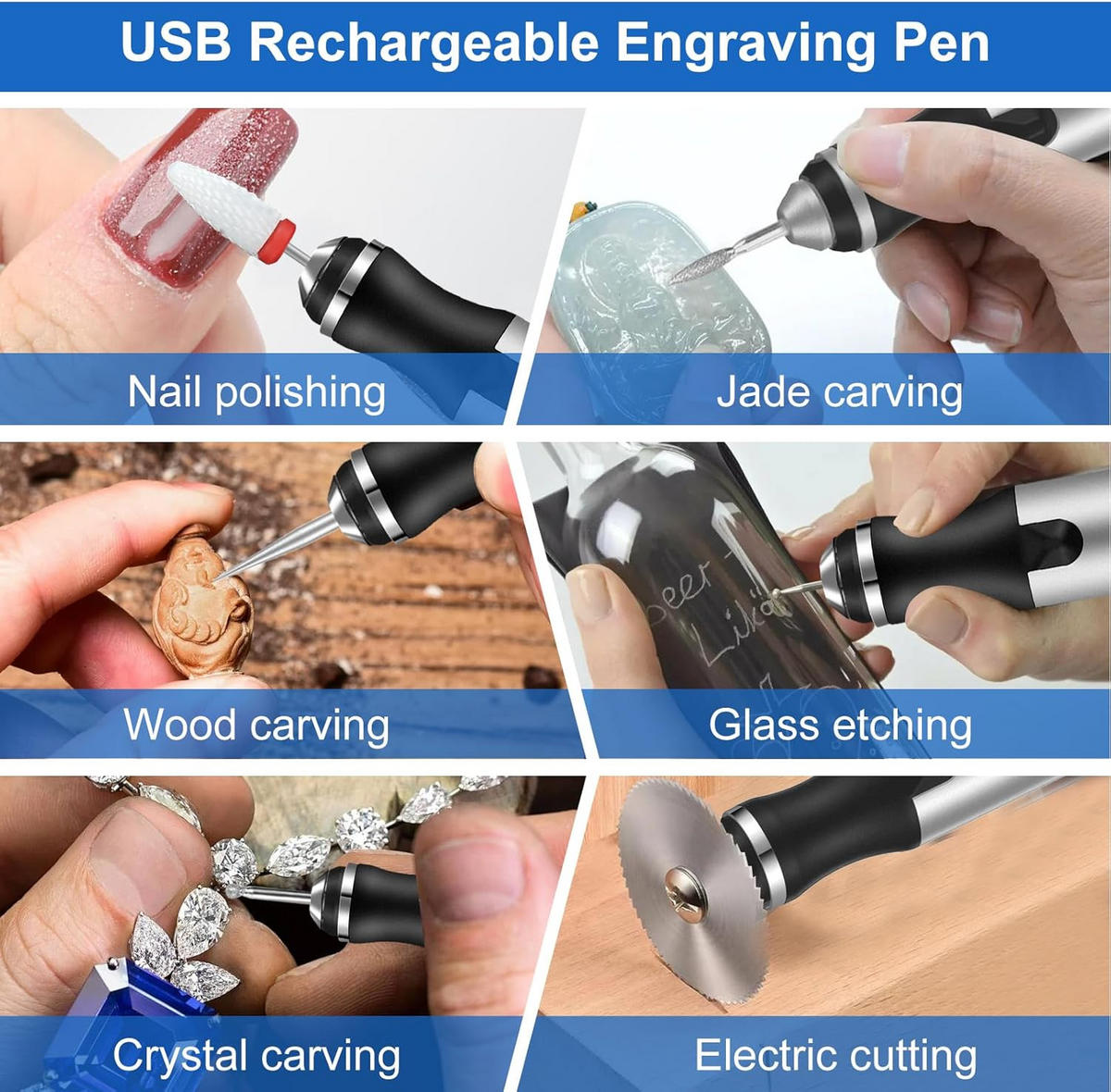 GRAVIERSTIFT – USB-wiederaufladbares Gravierwerkzeug-Set – Enthält 37 Spitzen und 5 Schablonen (silber) - Silberfarben, Metall (21/14/4cm)