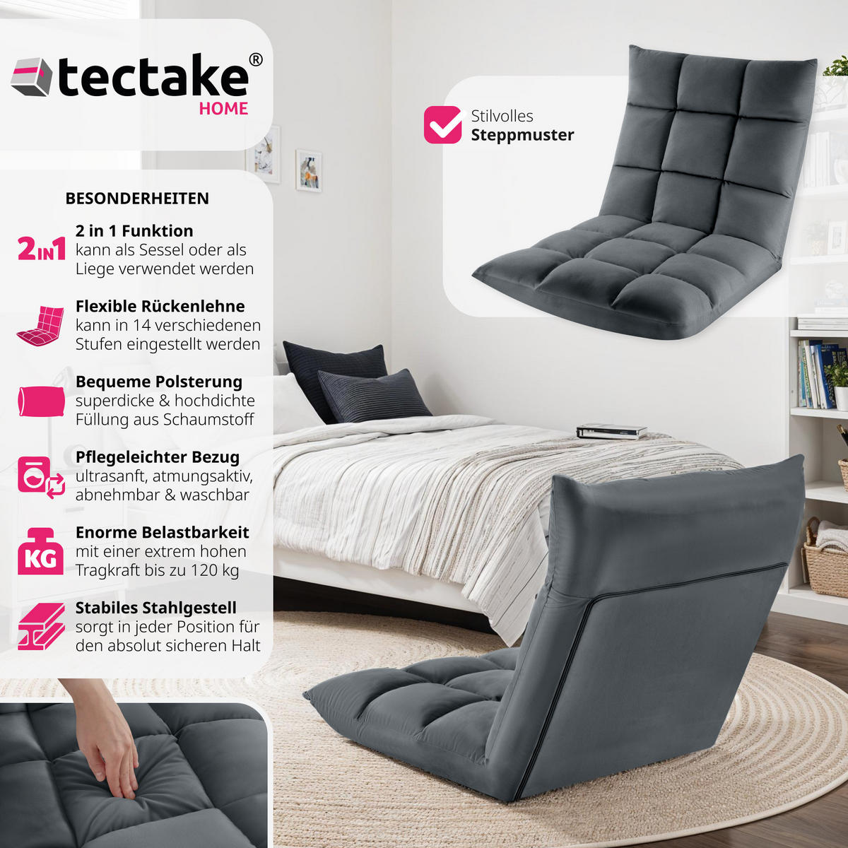 RELAXSESSEL Snooze ,108 x 57 x 13,5 cm,grau - Grau, Textil (57/13.5/108cm) - tectake