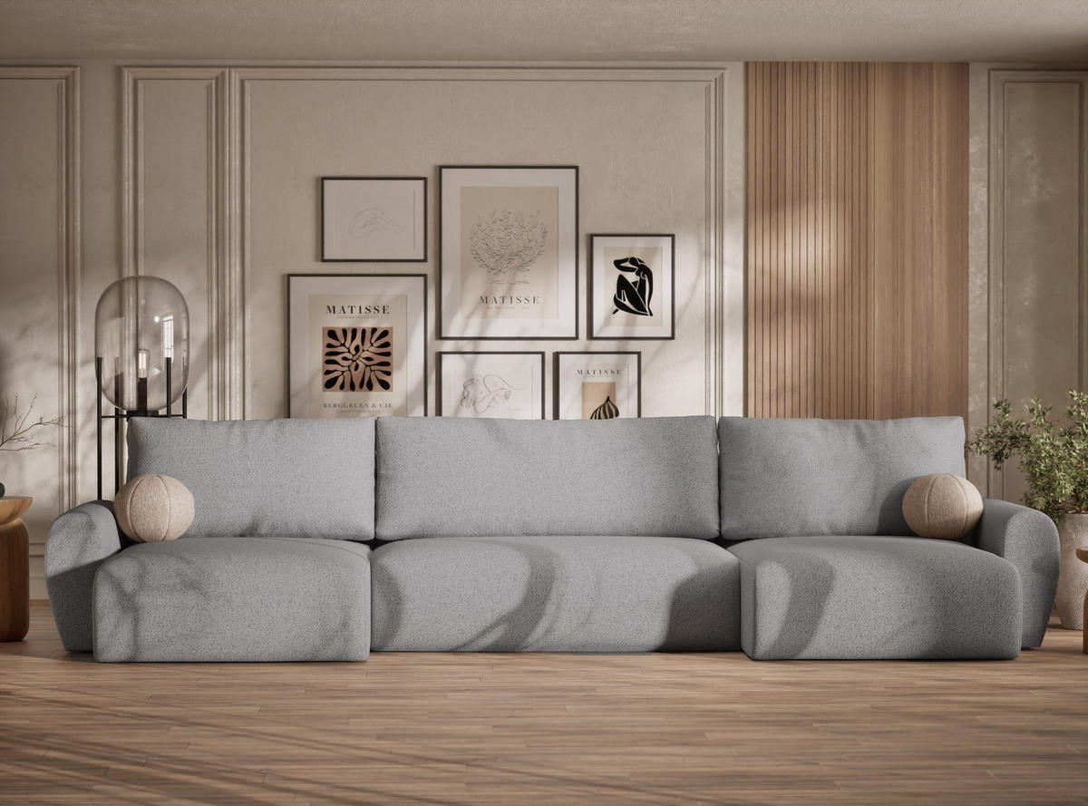 WOHNLANDSCHAFT MIT SCHLAFFUNKTION Numba Hellgrau Webstoff - Hellgrau/Schwarz, Holz/Holzwerkstoff (397/70/153cm) - Maison de Reve