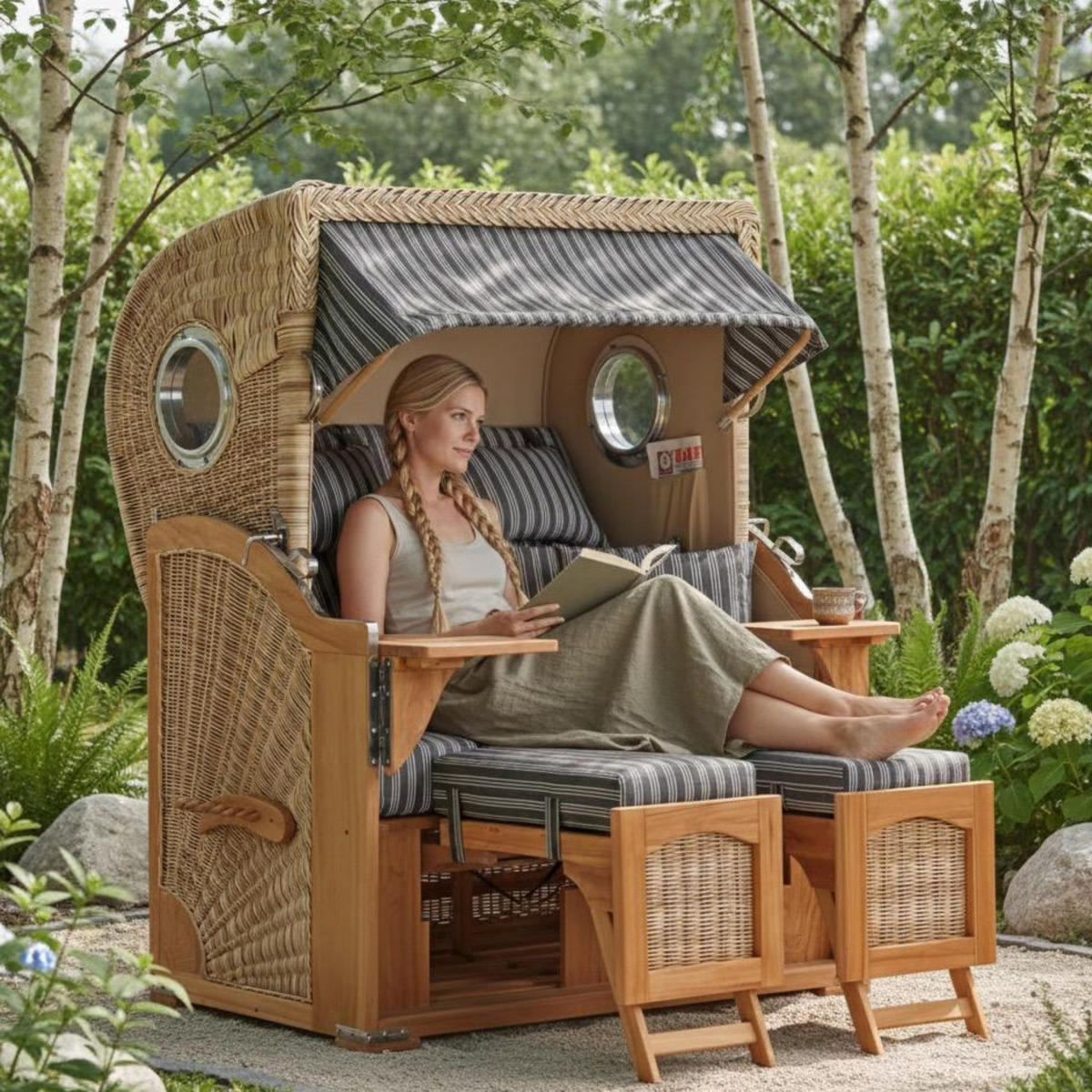 STRANDKORB Düne 2-Sitzer Teak Shell Bullauge - Braun/Grau, Holz/Metall (125/170/80cm) - Mr. Deko