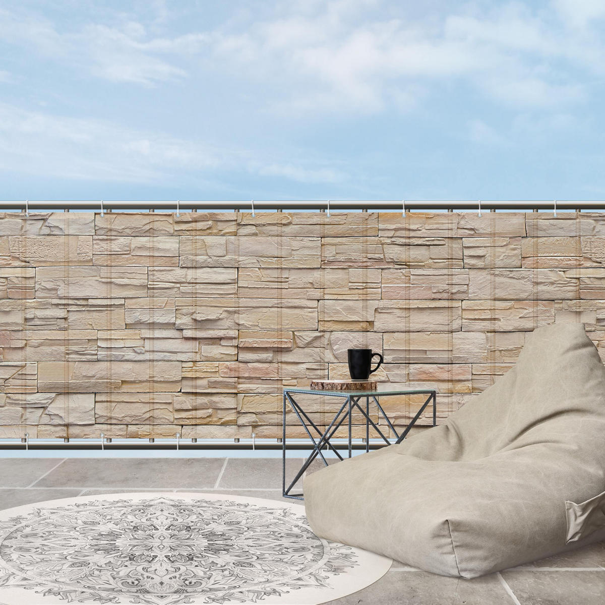 BALKON SICHTSCHUTZ Asian Stonewall - Große helle Steinmauer aus wohnlichen Steinen 400/75 cm - Beige, Kunststoff (400/75cm) - Bilderwelten