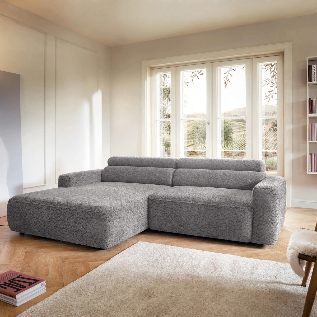 ROHOVÁ pohovka Fando s elektricky výsuvným sedákem, světle šedý ženil, levá - černá/světle šedá, textil/plast (252/182cm) - Selsey