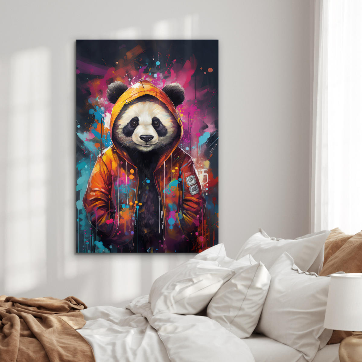 METALLBILD Panda - Jacke - Graffiti - Orange 60x90 cm - Orange, Metall (60/90cm) - MuchoWow