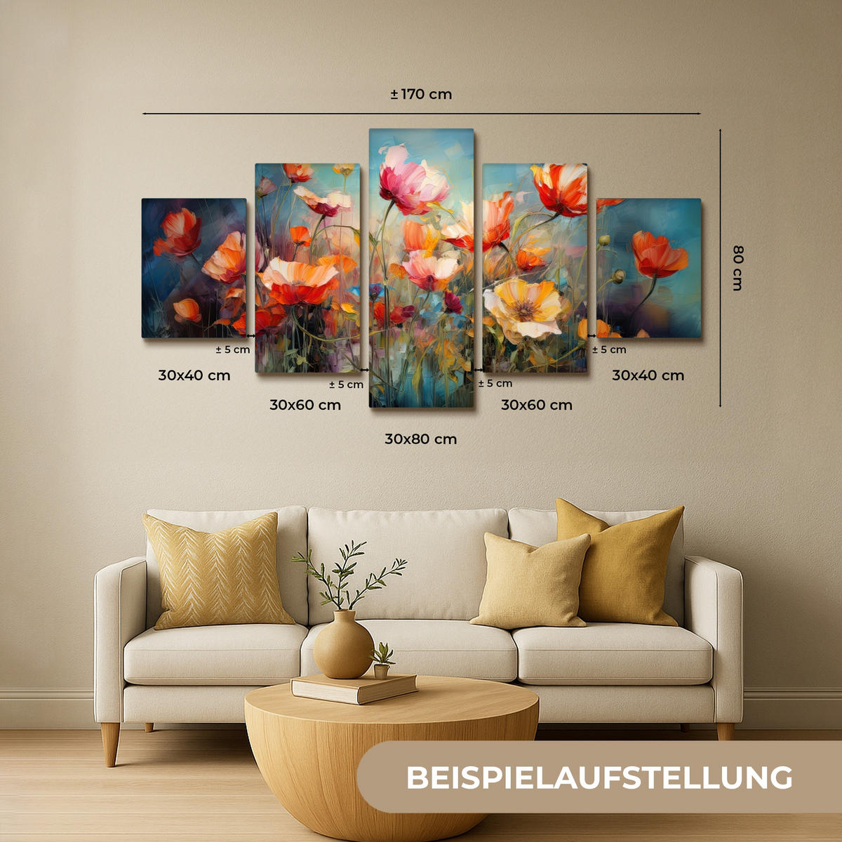 LEINWANDBILD 5er Set Blumen - Bunt - Abstrakt 150x80 cm - Blaugrau, Textil (150/80cm) - MuchoWow