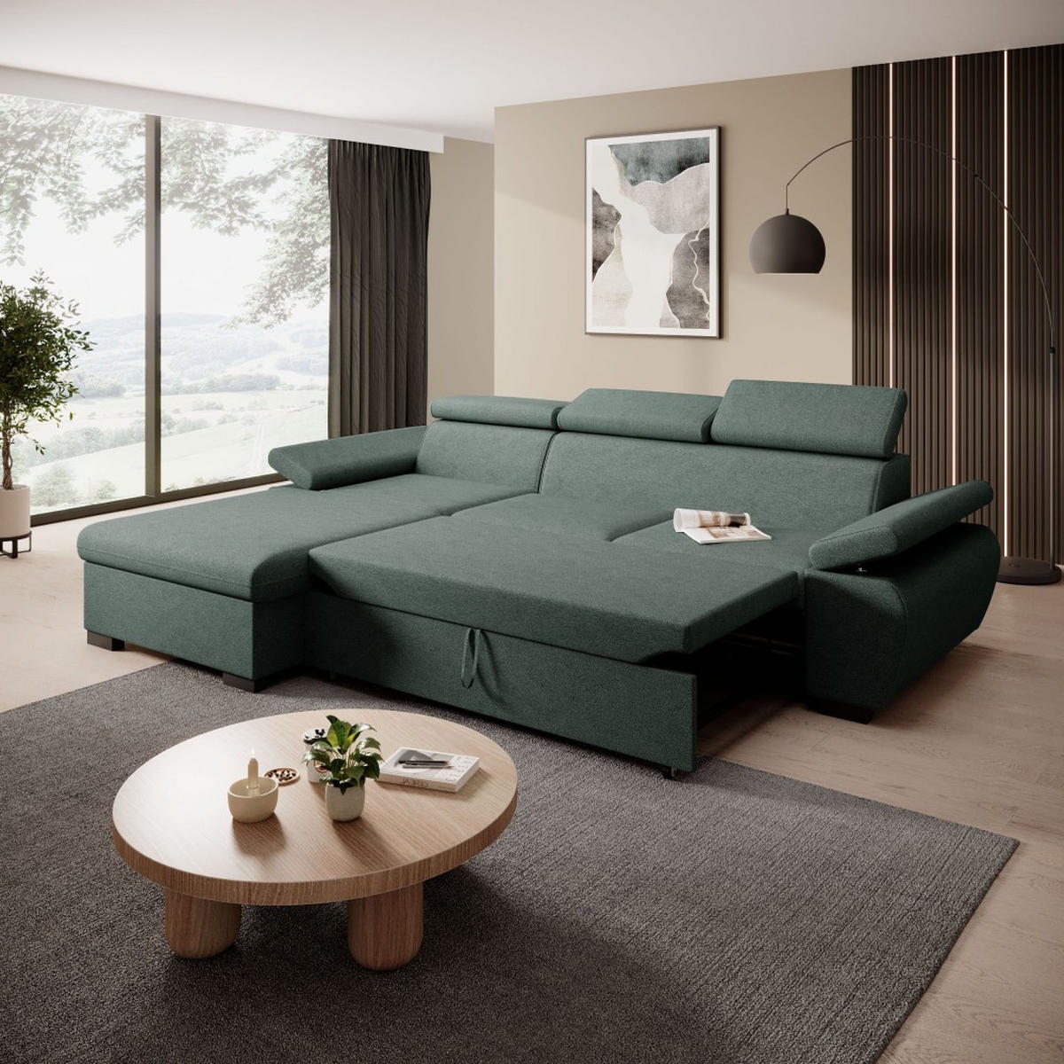 ECKSCHLAFSOFA Coco mit verstellbare Kopfstützen, dunkelgrün, links - Dunkelgrün, Textil (273/191cm) - Beautysofa