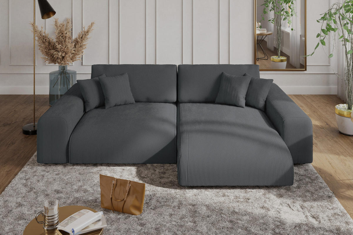 ECKSOFA mit Schlaffunktion, Bettkasten, Wellenunterfederung, seitenverkehrt montierbar B255/T165/H84 cm, Liegefl. 148x196 cm, Cord Grau / 21006 - Schwarz/Grau, Kunststoff/Textil (255/165cm) - luma-home