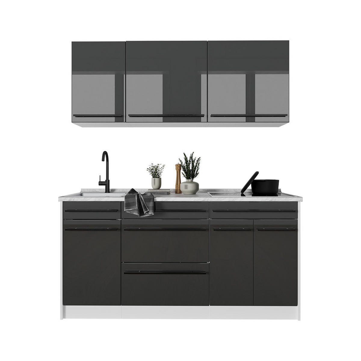 SINGLEKÜCHE R-Line, Anthrazit Hochglanz/Weiß, 160 cm Arbeitsplatte Anthrazit - Schwarz Hochglanz/Weiß, Holzwerkstoff (160/81.6/60cm) - Vicco