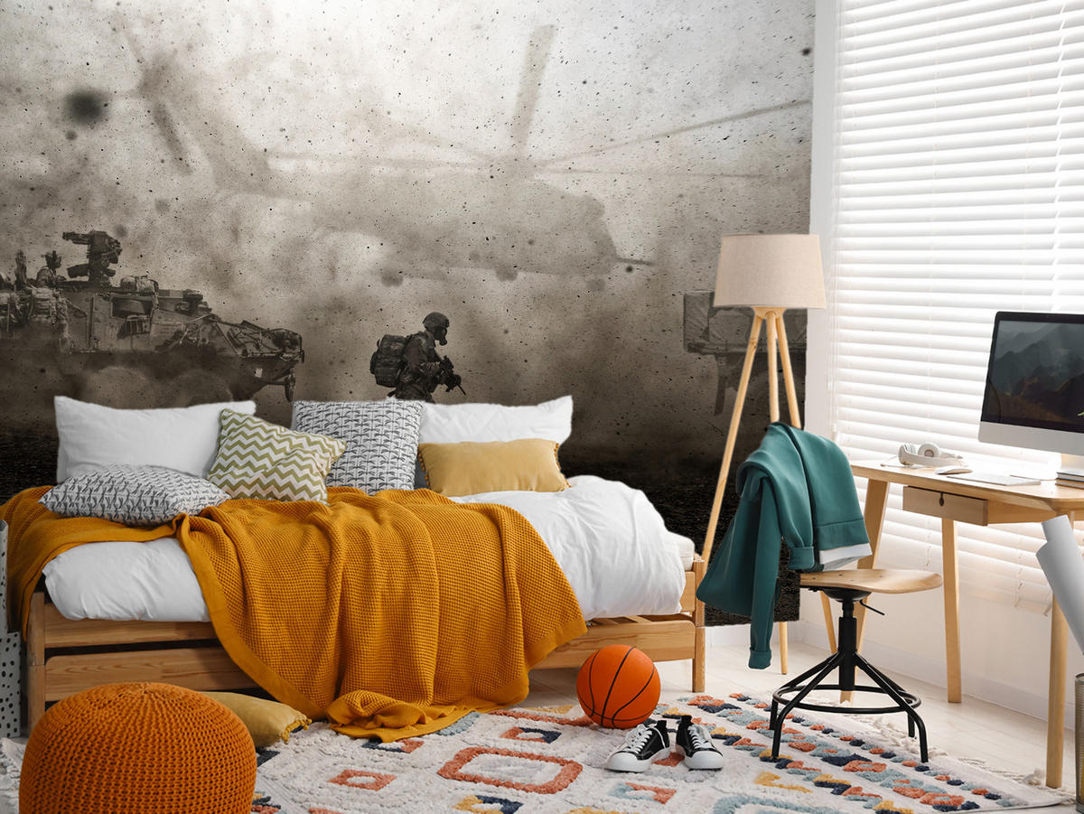 FOTOTAPETE für Jugendzimmer Wüste Militär Hubschrauber Panzer 200x140 - Beige/Schwarz, Papier (200/140cm) - Muralo