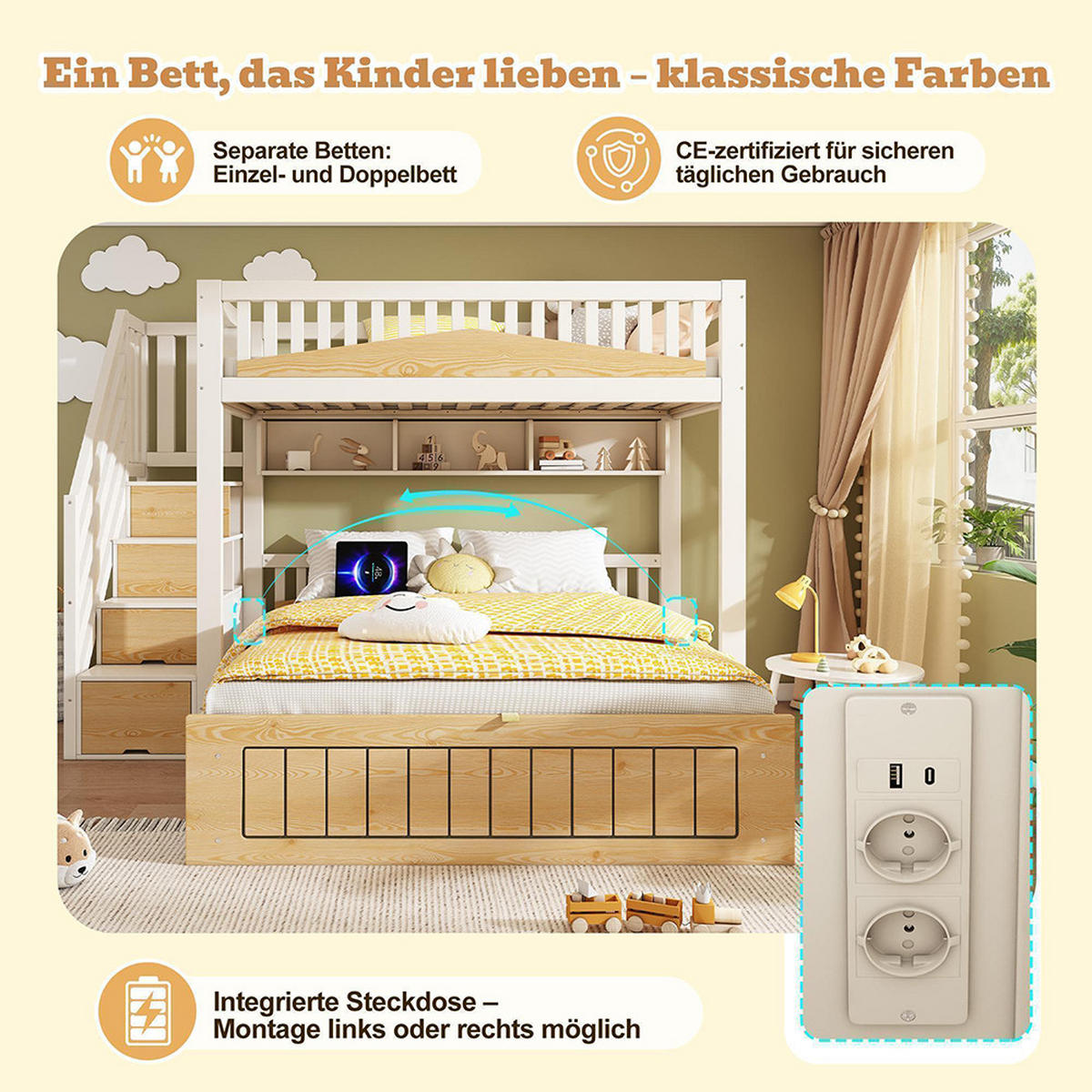 ETAGENBETT 90x200 & 140x200 cm mit hydraulischem Stauraum, Versetztes Familienbett - Naturfarben, Holz