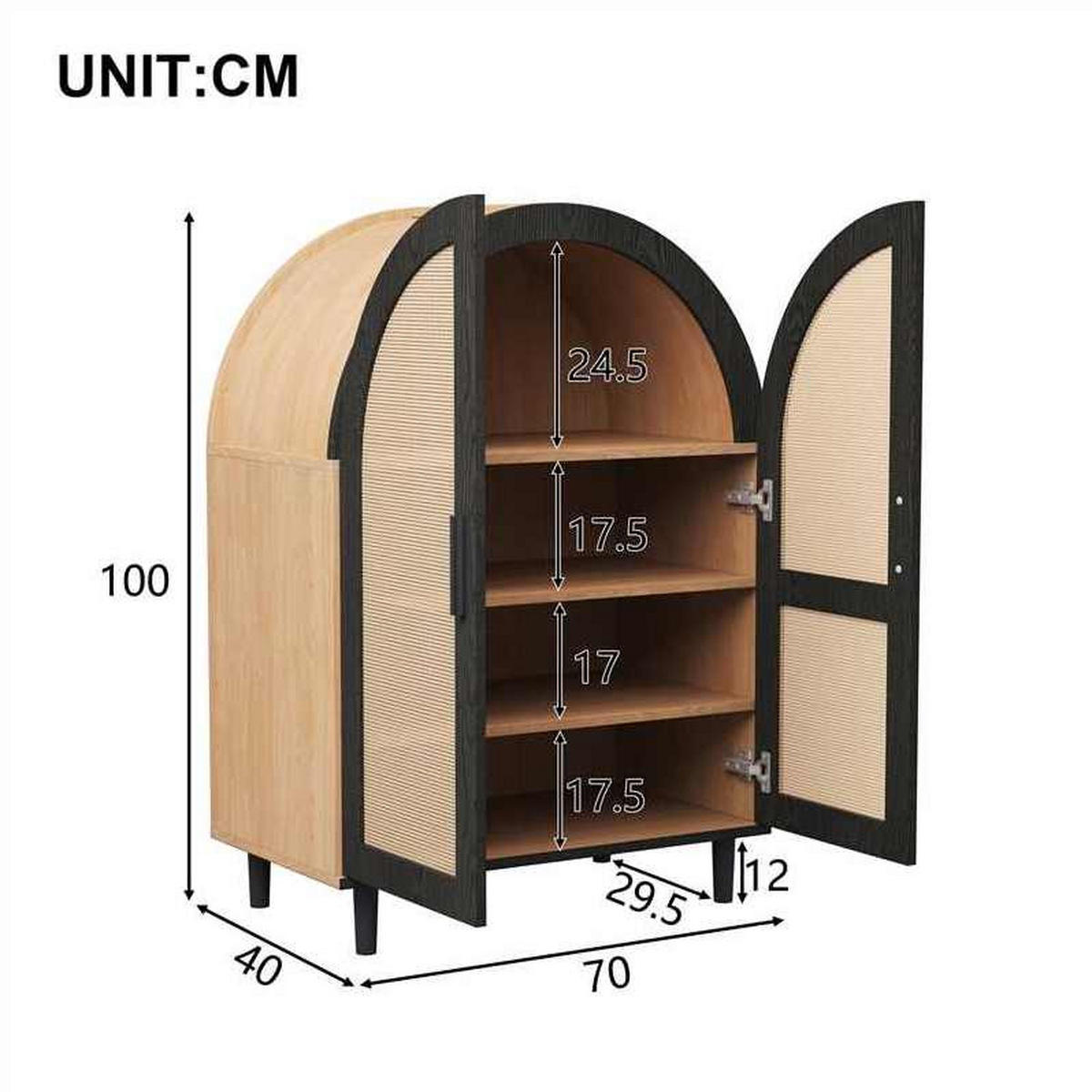 SCHUHSCHRANK 70/40/100 cm mit 2 Türen, Rattanfront und verstellbaren Böden - Naturfarben, Holzwerkstoff (70/40/100cm) - BEAOK