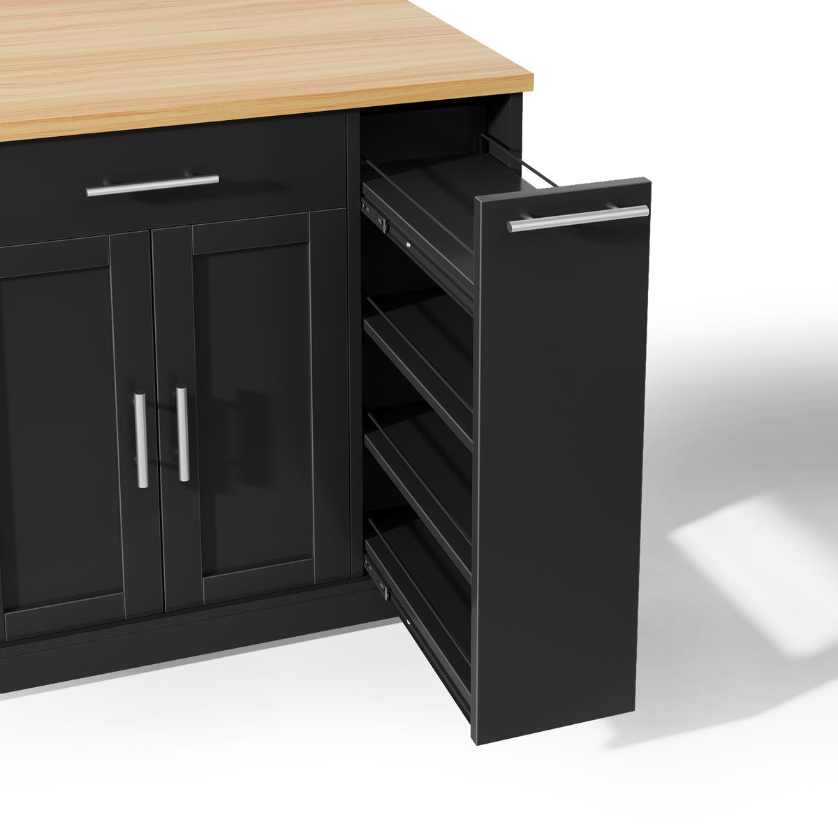 KUCHYŇSKÝ OSTRŮVEK černý s košem na odpadky, sklápěcí pracovní deskou a policí na koření, 120×45(70)×93 cm - bílá/přírodní, kompozitní dřevo (70/93.5/120cm) - STILVORA