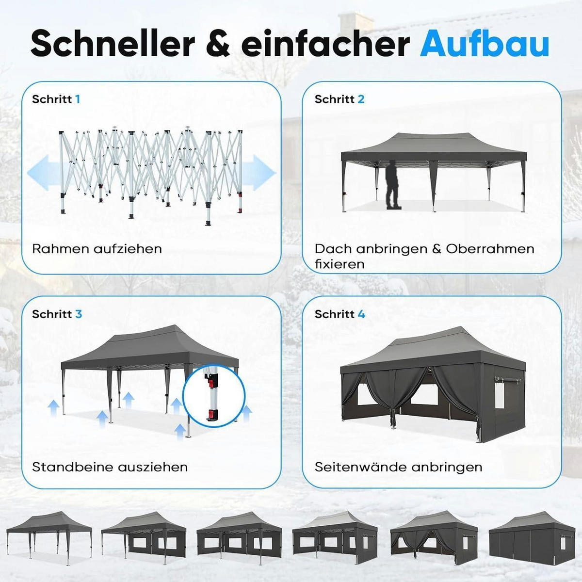 FALTPAVILLON 3x6m Grau wasserdicht mit Seitenwänden - Grau, Textil (585/310/293cm)