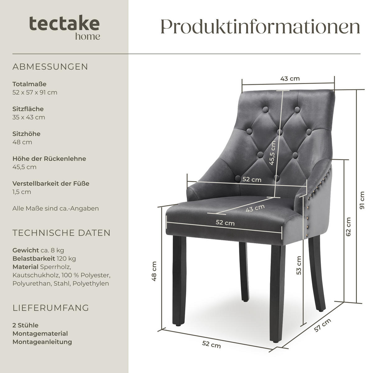 ESSZIMMERSTUHL 2er Set Everdeen,52 x 57 x 91 cm, dunkelgrau/schwarz - Dunkelgrau/Schwarz, Holz (52/91/57cm) - tectake