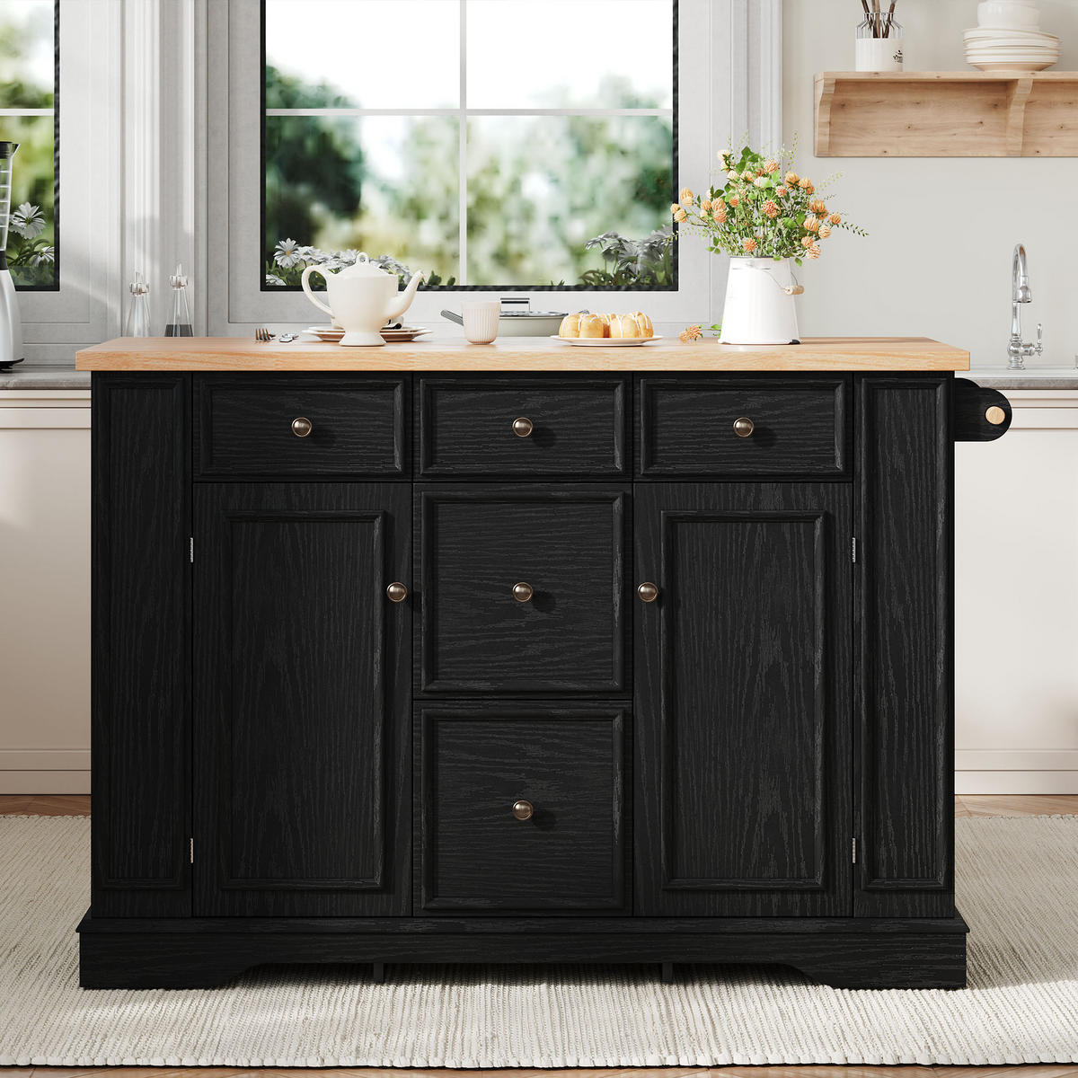 KÜCHENINSEL aus MDF 130.5x40-65x92 cm Schwarz mit klappbarer Platte & Ladestationc - Schwarz, Holzwerkstoff (130.5/92/65cm) - Modfu