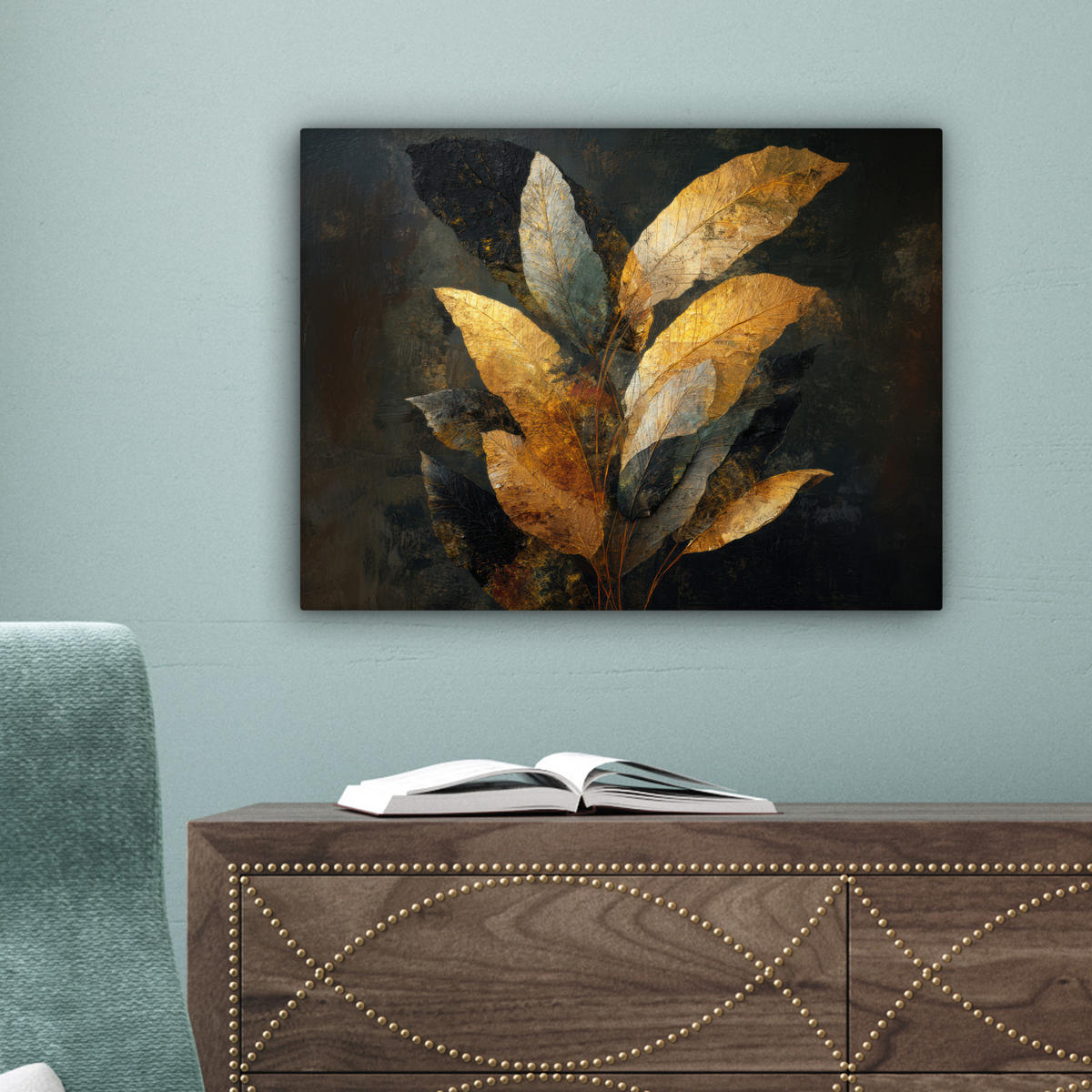 LEINWANDBILD Golden Leaf Komposition - Botanical Luxury Wandbild 40x30 cm - Goldfarben/Schwarz, Textil (40/30cm) - MuchoWow