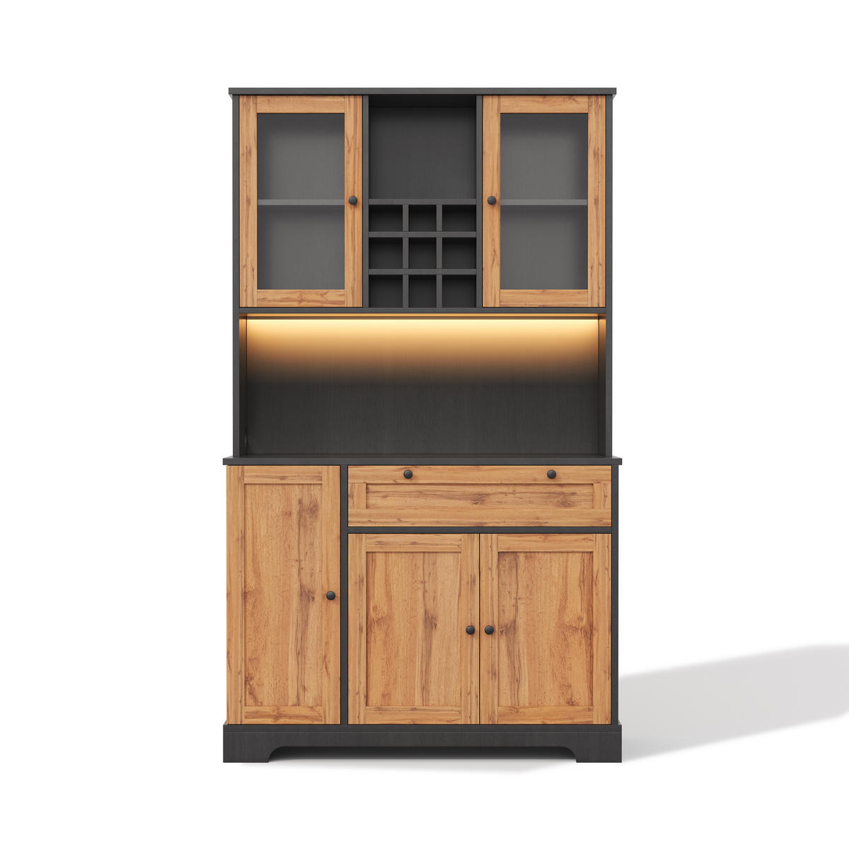 BUFFET mit LED-Beleuchtung, Steckdose und verstellbaren Einlegeböden - Schwarz/Naturfarben, Holzwerkstoff (105/180/40cm) - EVRYAE