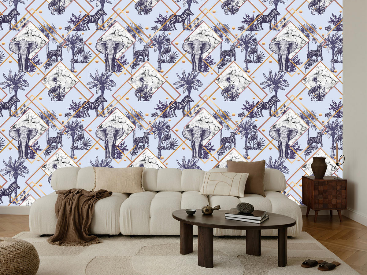 VLIESTAPETE Wildtiere und geometrische Muster – Blau, Goldfarben, Weiß – 50x1000 cm - Blau/Goldfarben, Papier (50/1000cm) - Muralo