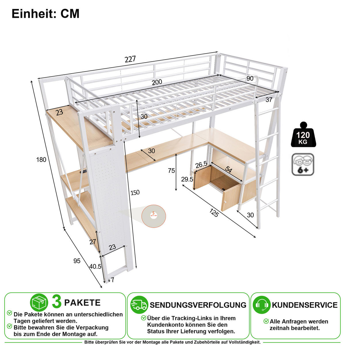 VYVÝŠENÁ POSTEL 90/200 cm v bílé barvě s LED, stolem a USB - bílá, kov/kompozitní dřevo (90/200cm) - CHICFURN