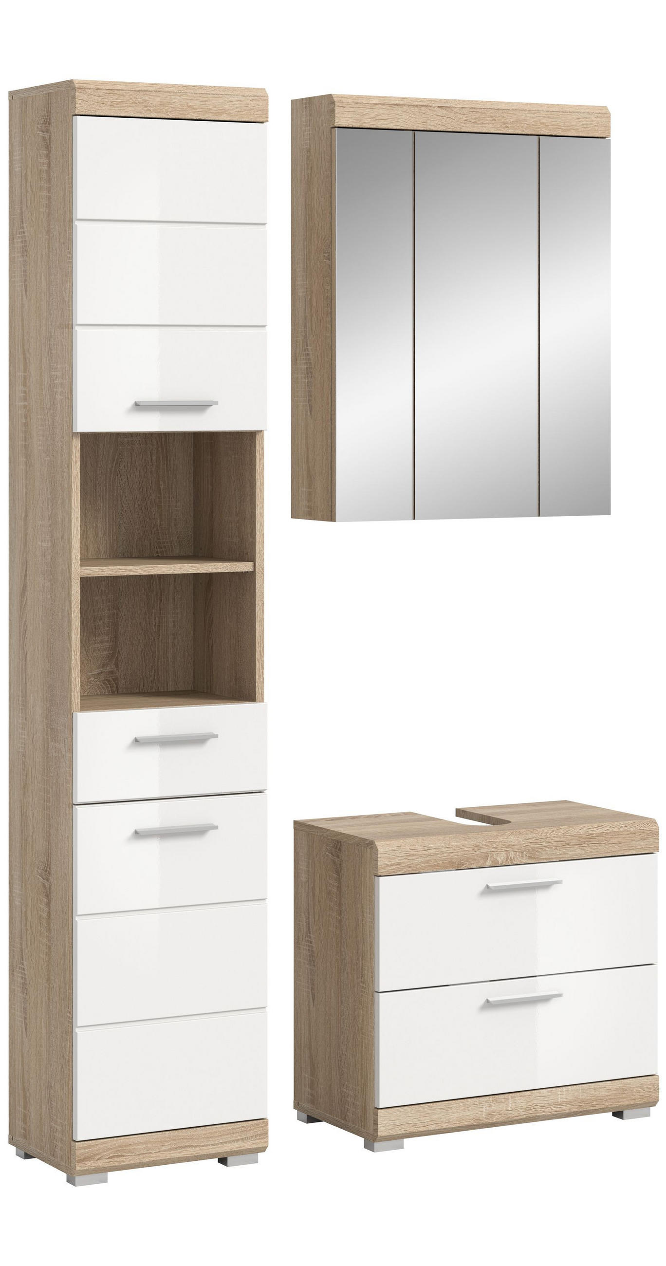 BADKOMBINATION 3tlg. Lambada Bad in Sonoma Eiche hell und weiß hochglanz B/H/T: 112x191x34 cm - Sonoma Eiche, Holz (112/191/37cm)