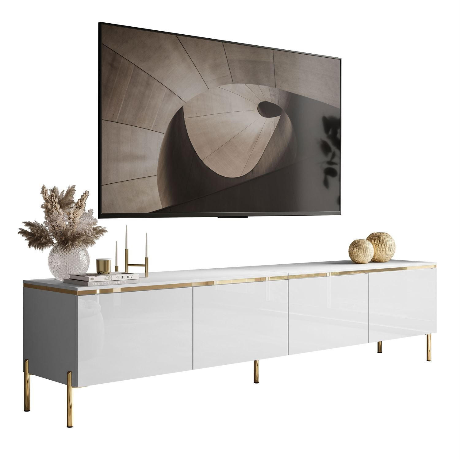 TV-RACK CELINE GLOSS 200 cm auf gerade goldenen Füßen - Weiß, Holzwerkstoff (200/49/40cm) - Lookway
