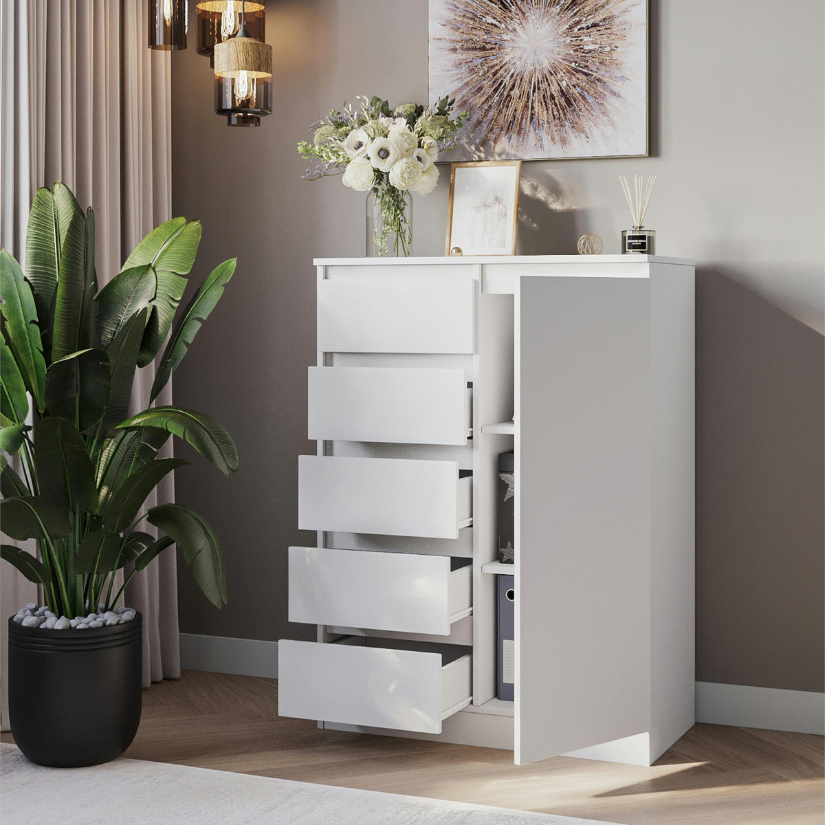 SIDEBOARD SOLA KOM4-1D4S Schubladen Weiß - Silberfarben/Weiß, Holzwerkstoff/Kunststoff (83/114/43cm) - Komodee