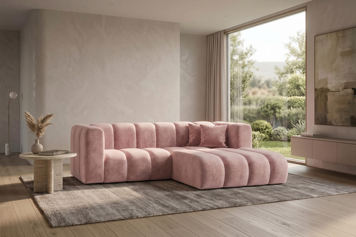ECKSOFA Modulares In L-Form, Velvet-Stoff Riviera, Hellrosa, Rechts, GRAND - Hellrosa, Holz (227/179cm) - Kaiser Möbel