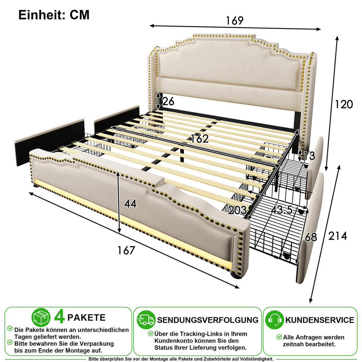 POLSTERBETT 160/200 cm in Beige Samt mit 4 Schubladen, LED, USB und Matratze - Beige, Holzwerkstoff/Textil (160/200cm) - CHICFURN
