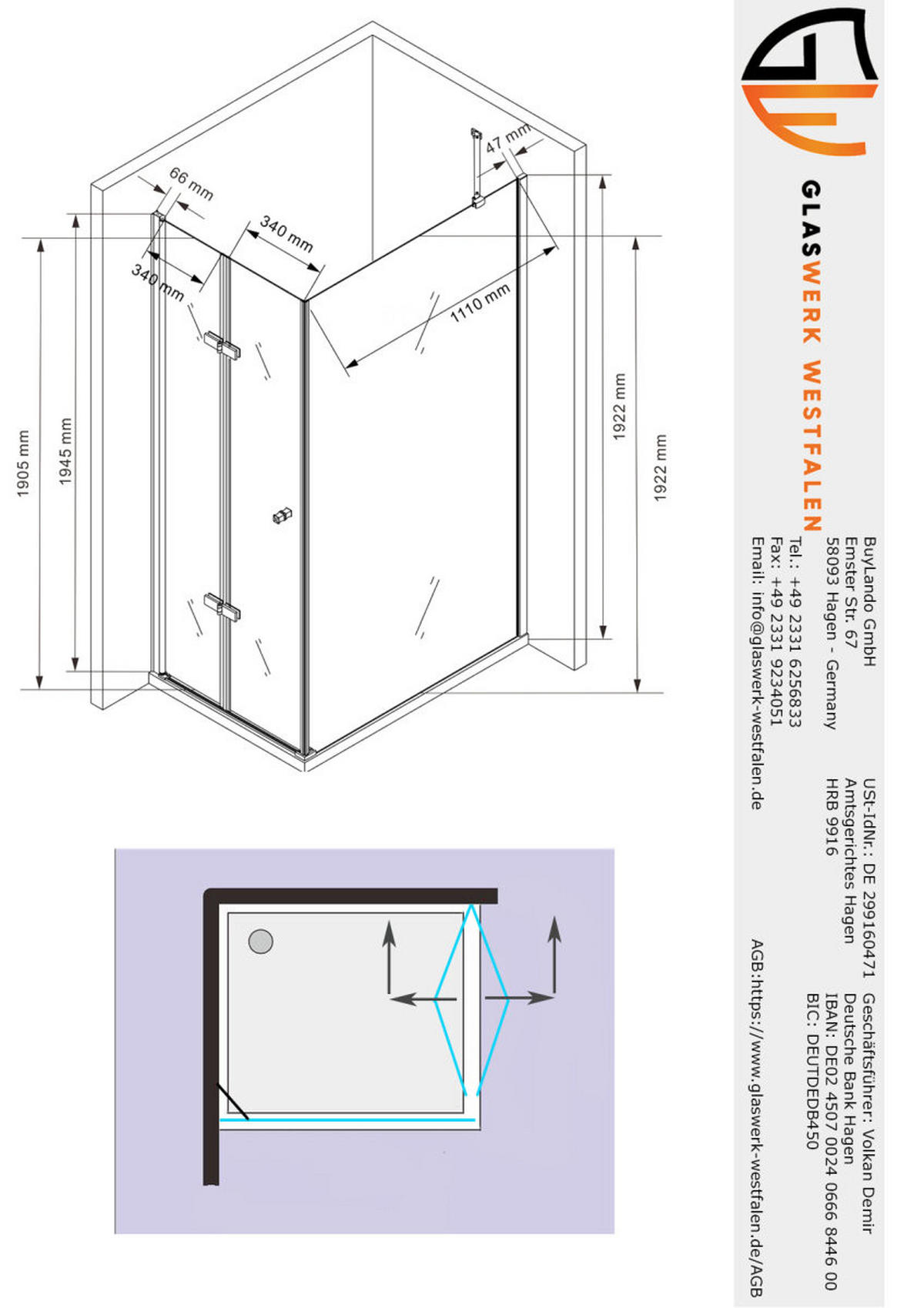 DUSCHKABINE Cornelia 120x80x195cm Eck+DS - Silberfarben, Glas (80/120/195cm) -  Glaswerk Westfalen