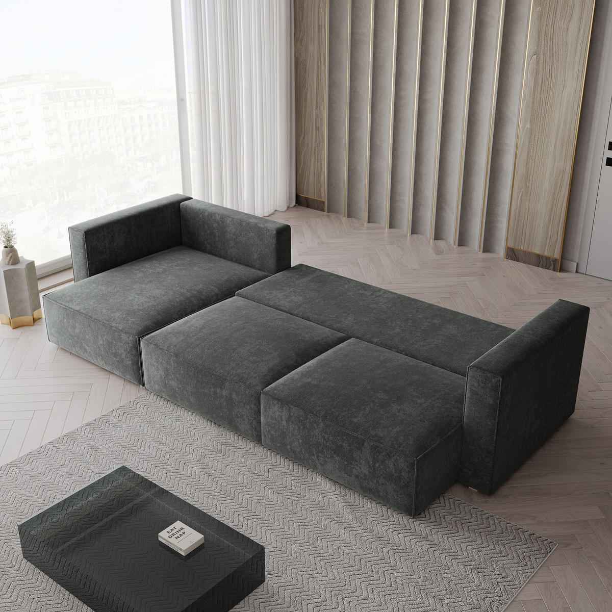 ECKSOFA TOLMO LM Grau Chenille mit Schlaffunktion - Grau, Holzwerkstoff/Textil (347/148cm) - MASSENO