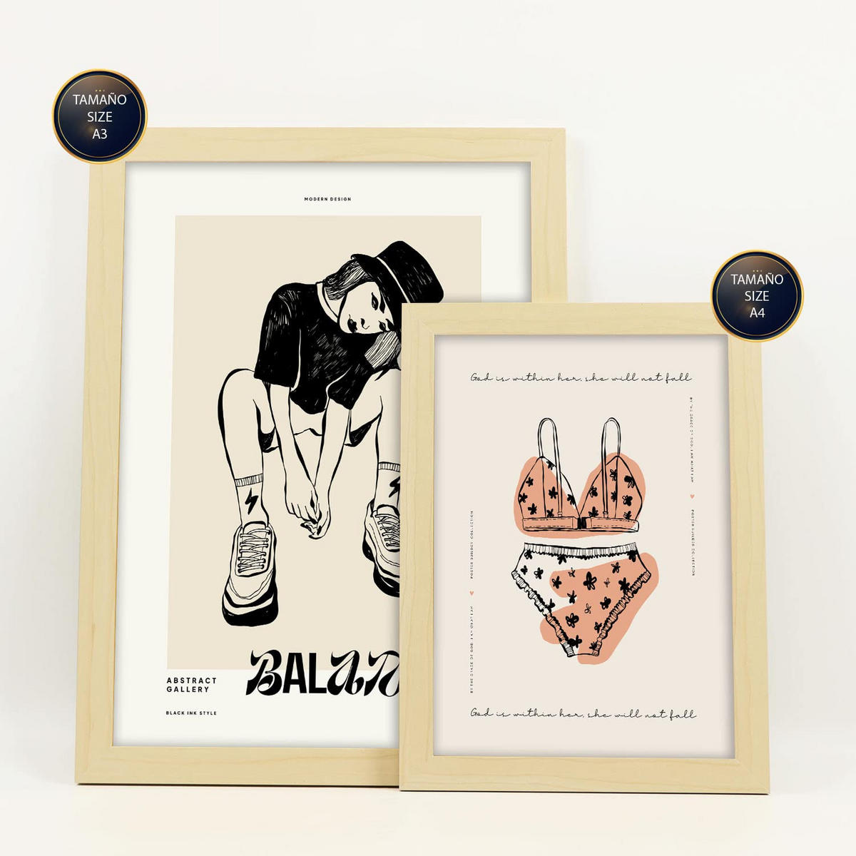 POSTER Set Mit 6 Schwarztintenbalance Größe A3 & A4 Rahmen aus hellem Holz - Beige, Papier (29.7/1cm) - Nacnic