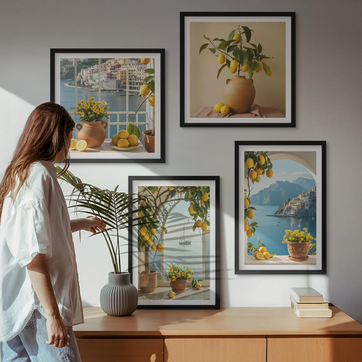 BILDER SET 4er Set - 50x50 cm & 40x60 cm Schwarzer Rahmen - Zitronenblumen aus der Küstenstadt - Schwarz, Kunststoff (50/50cm) - TULUP