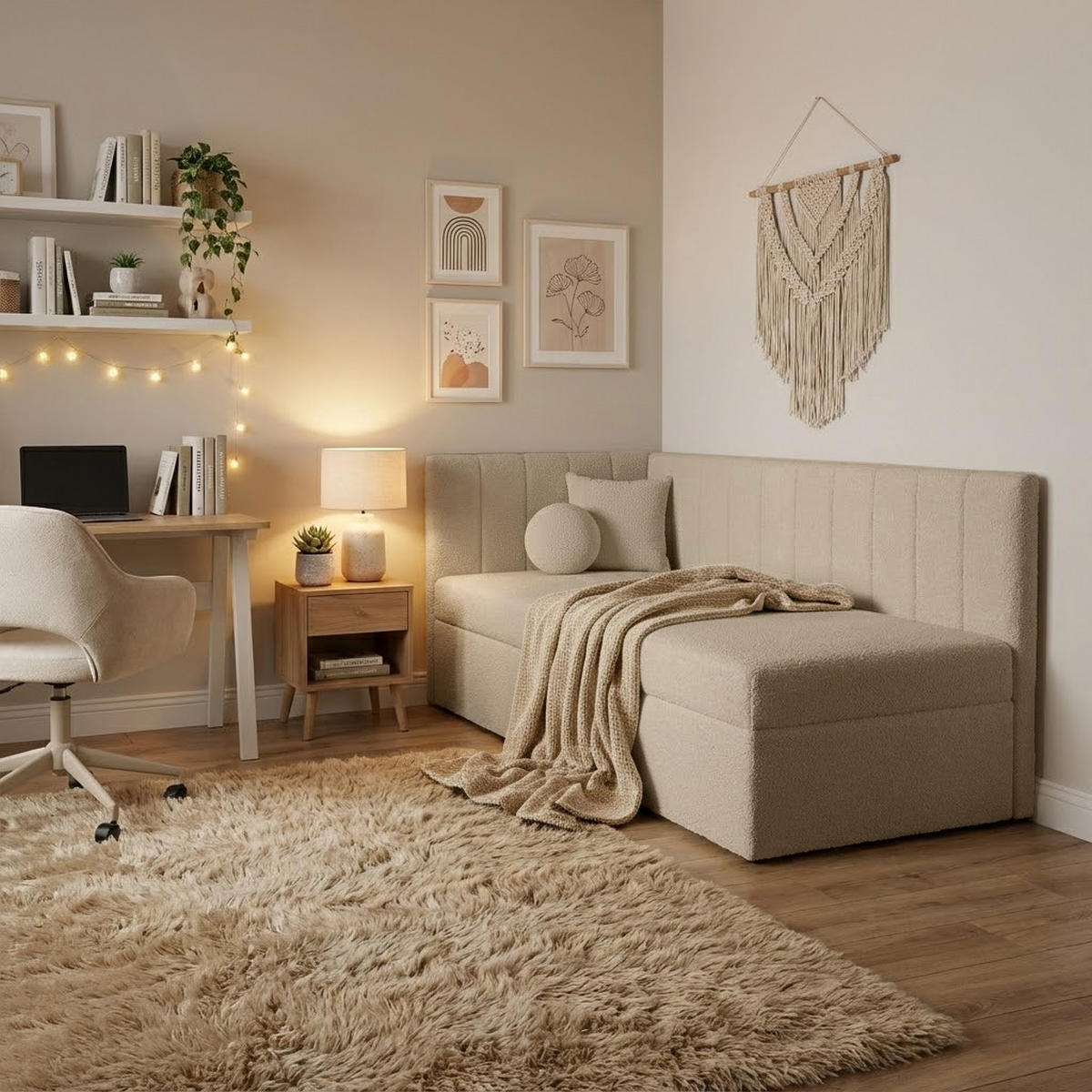 SCHLAFSOFA Rafi, Eckbett mit Bettkasten, 90x200 cm, Dunkelbeige - Ecru, Textil (209/94/102cm) - Beautysofa