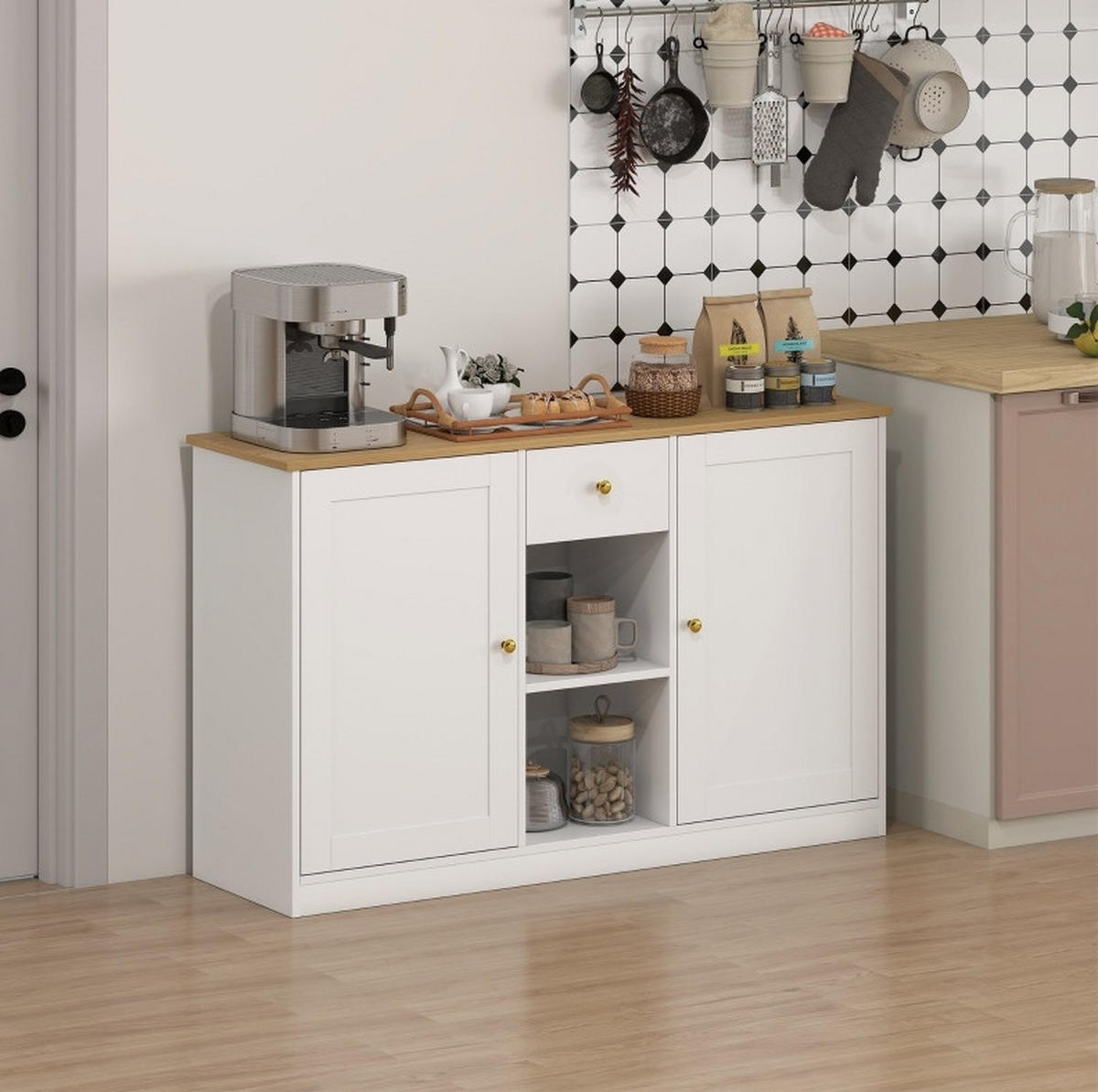 SIDEBOARD aus Spanplatte 120x35x75,2 cm Weiß mit Schublade, 2 Türen und offenen Ablagen - Weiß, Holz (120/75.2/35cm) - IVMEU