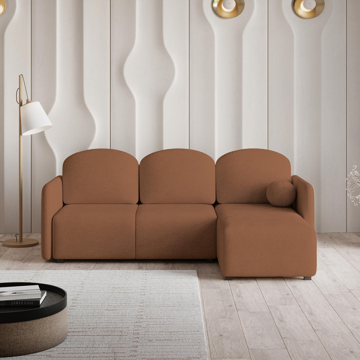 ECKSOFA SUVINO Kupferfarben Geflochtener Stoff mit Schlaffunktion - Kupferfarben, Holz (230/143cm) - MASSENO