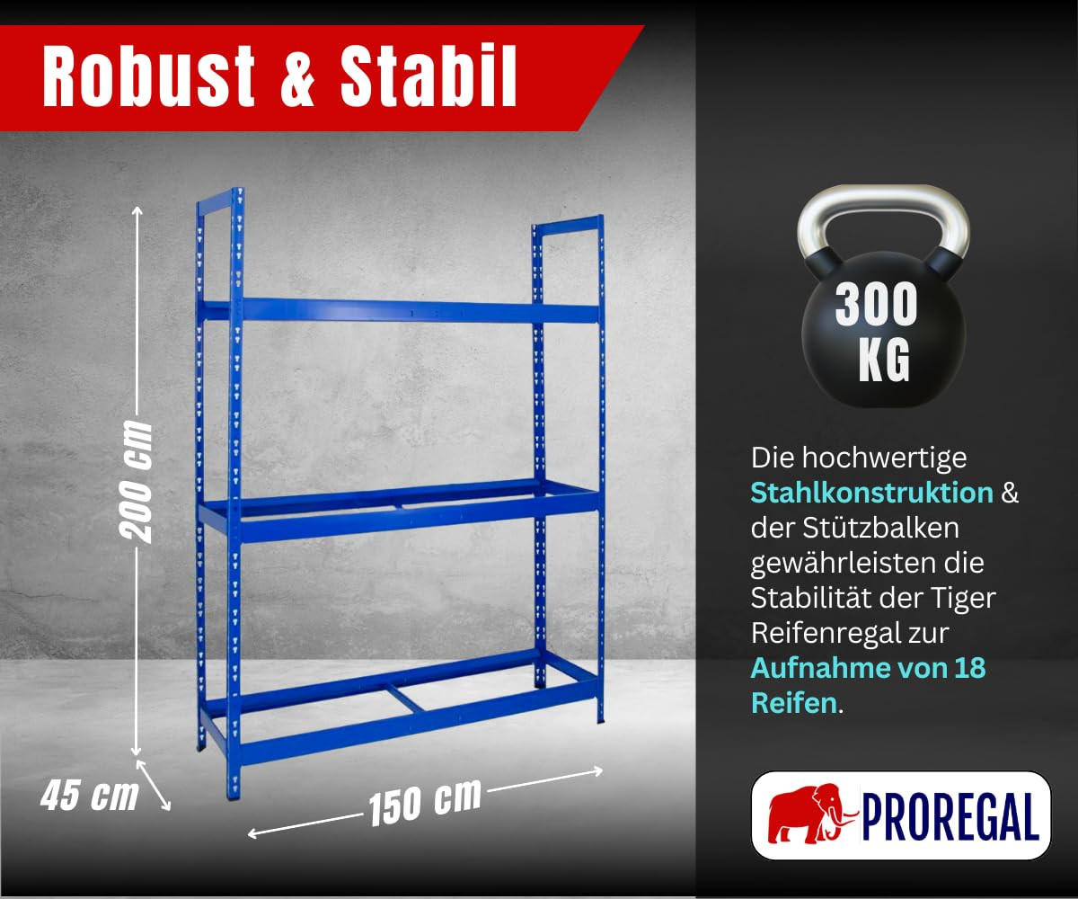 REIFENREGAL Tiger XL 200x150x45 cm 300 kg Fachlast bis zu 18 Reifen auf 3 Ebenen Blau - Blau, Metall (150/200/45cm) - PROREGAL