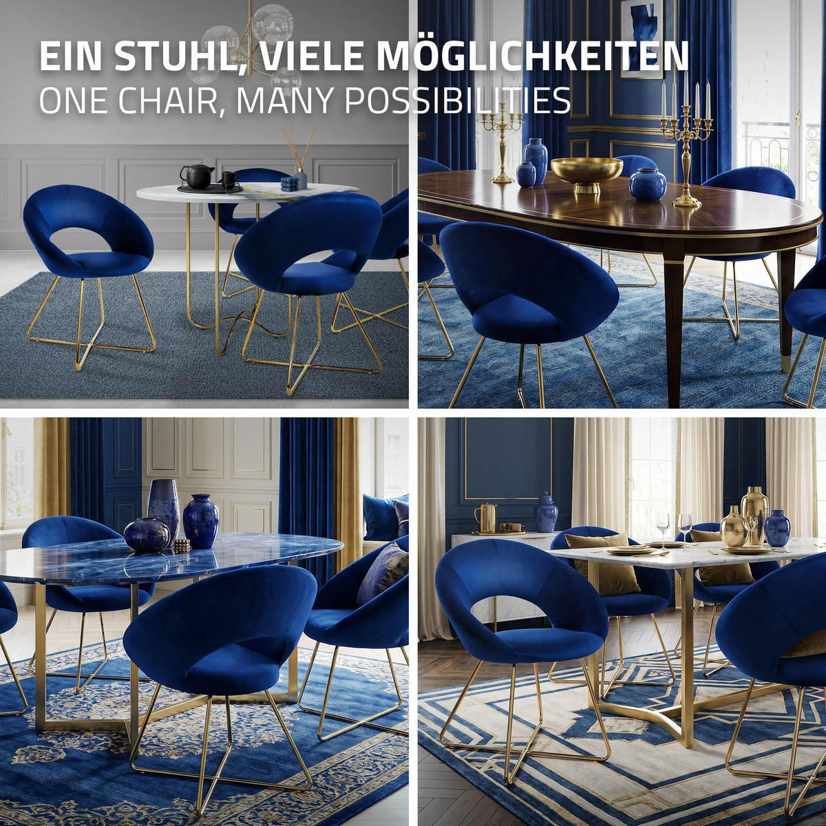 JÍDELNÍ ŽIDLE, sada 4 ks, modrý samet - modrá/zlatá, kov (53/77/64cm) - ML-DESIGN