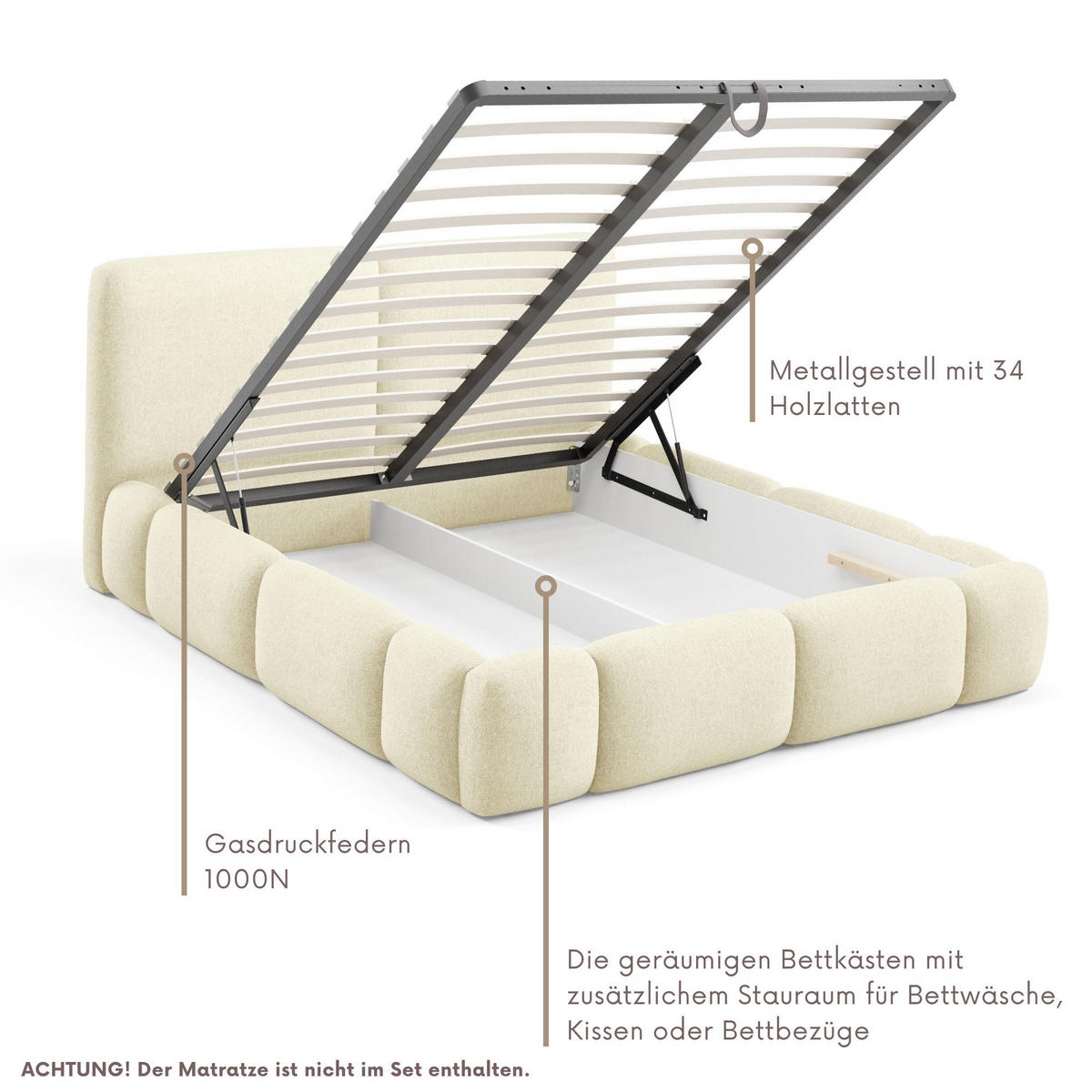 POLSTERBETT ARDELLO mit Beinen mit Bettkasten,Bett 140x200,Doppelbett,Lattenrost,Boxspringbett-Optik,ohne Matratze,Schlafzimmer-Grau - Creme, Holz (180/200cm) - Furnistar