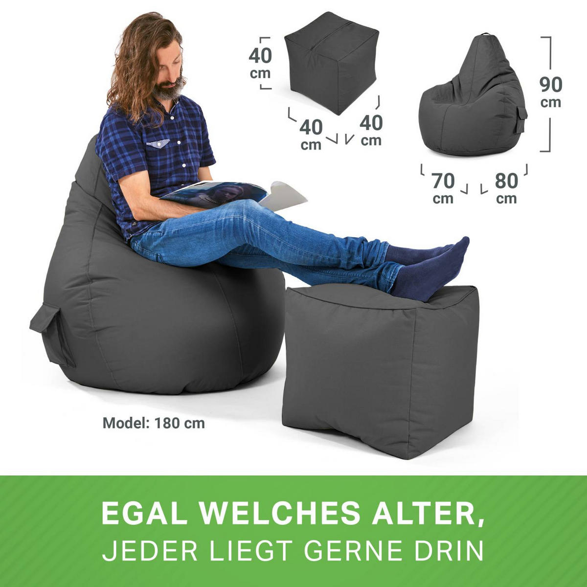 SITZSACK + Hocker "Cozy+Cube" 2er Set - Anthrazit, Textil (70/90/80cm) - Green Bean