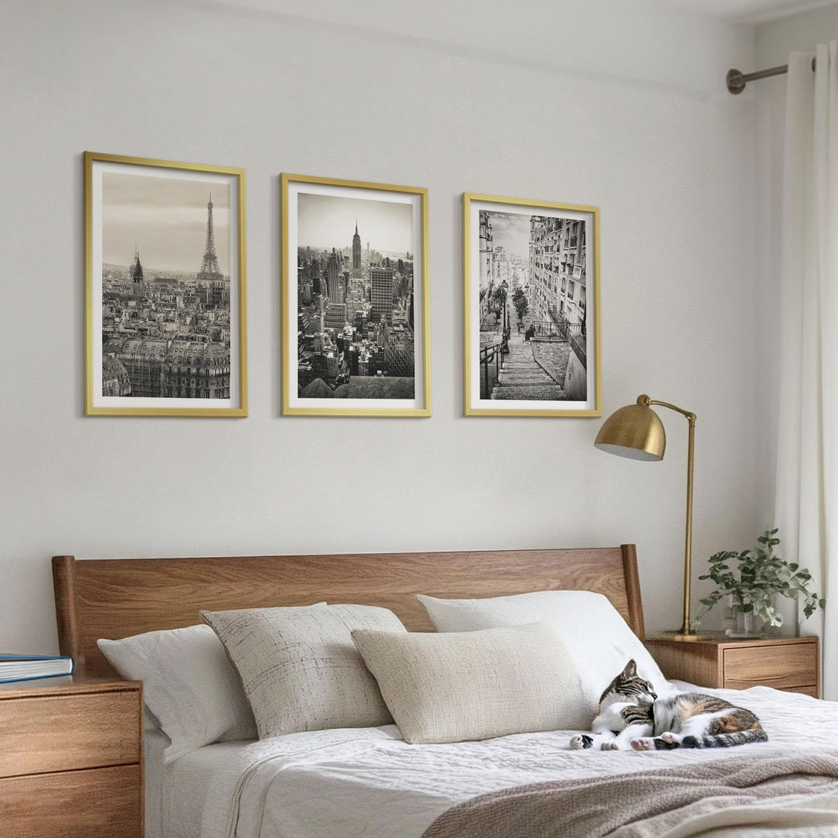 WANDBILDER 3er Set - 40x60 cm Goldrahmen - Aussicht Paris New York Treppen - Goldfarben, Kunststoff (40/60cm) - ArtPrintCave