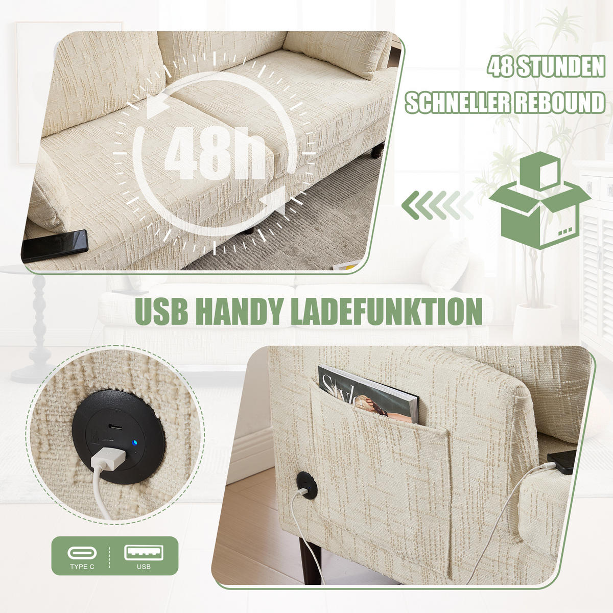DVOJMÍSTNÁ pohovka 175/83/78 cm béžová z chenille s USB nabíjením, LED osvětlením a úložnou kapsou - béžová, textil (175/78/83cm) - OKWISH