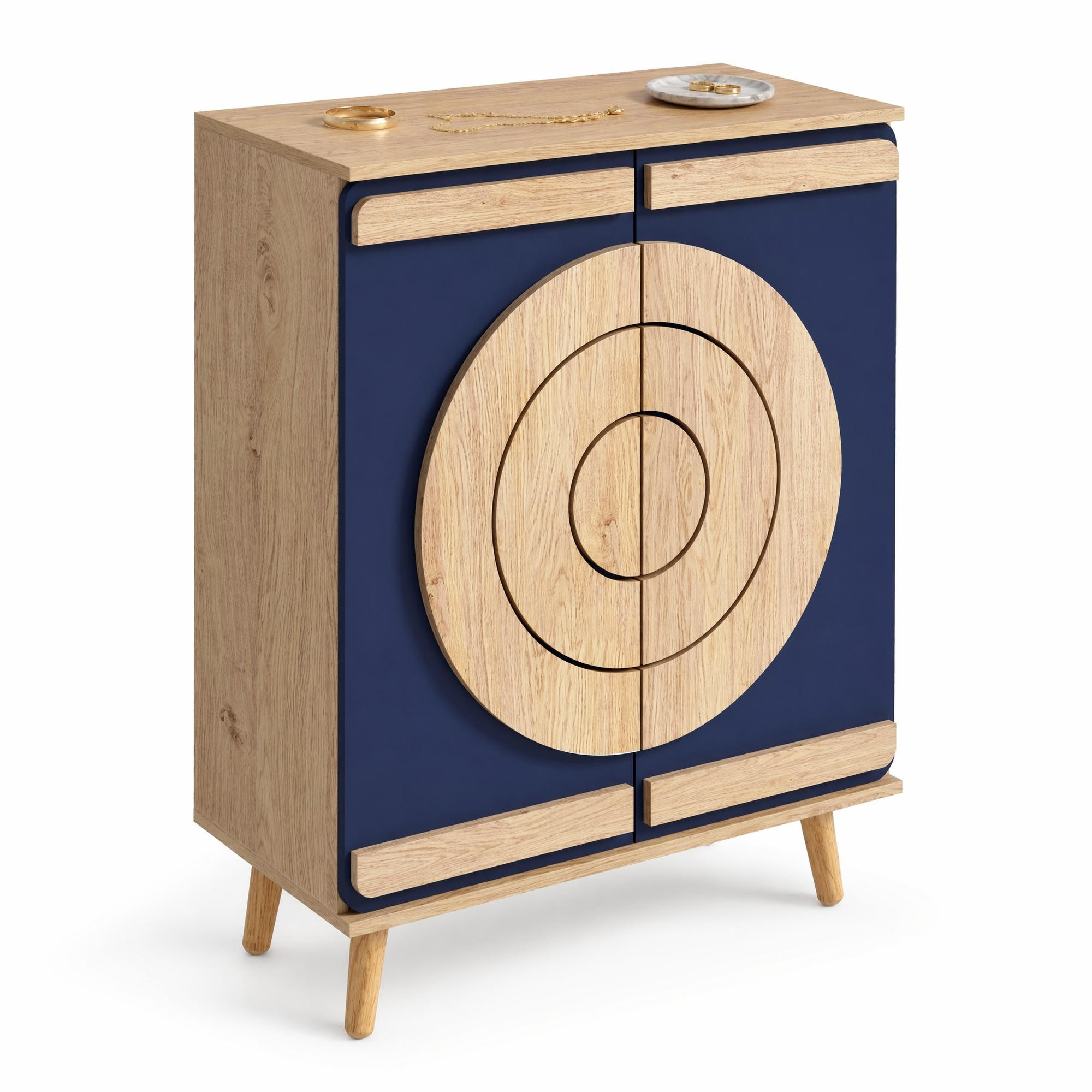 SCHUHSCHRANK in Naturfarben und Blau Schuhkommode mit mehrstufigem Stauraum und Holzbeinen, B76/T37/H98.5cm - Blau/Naturfarben, Holzwerkstoff/Metall (76/98.5/37cm) - STILVORA