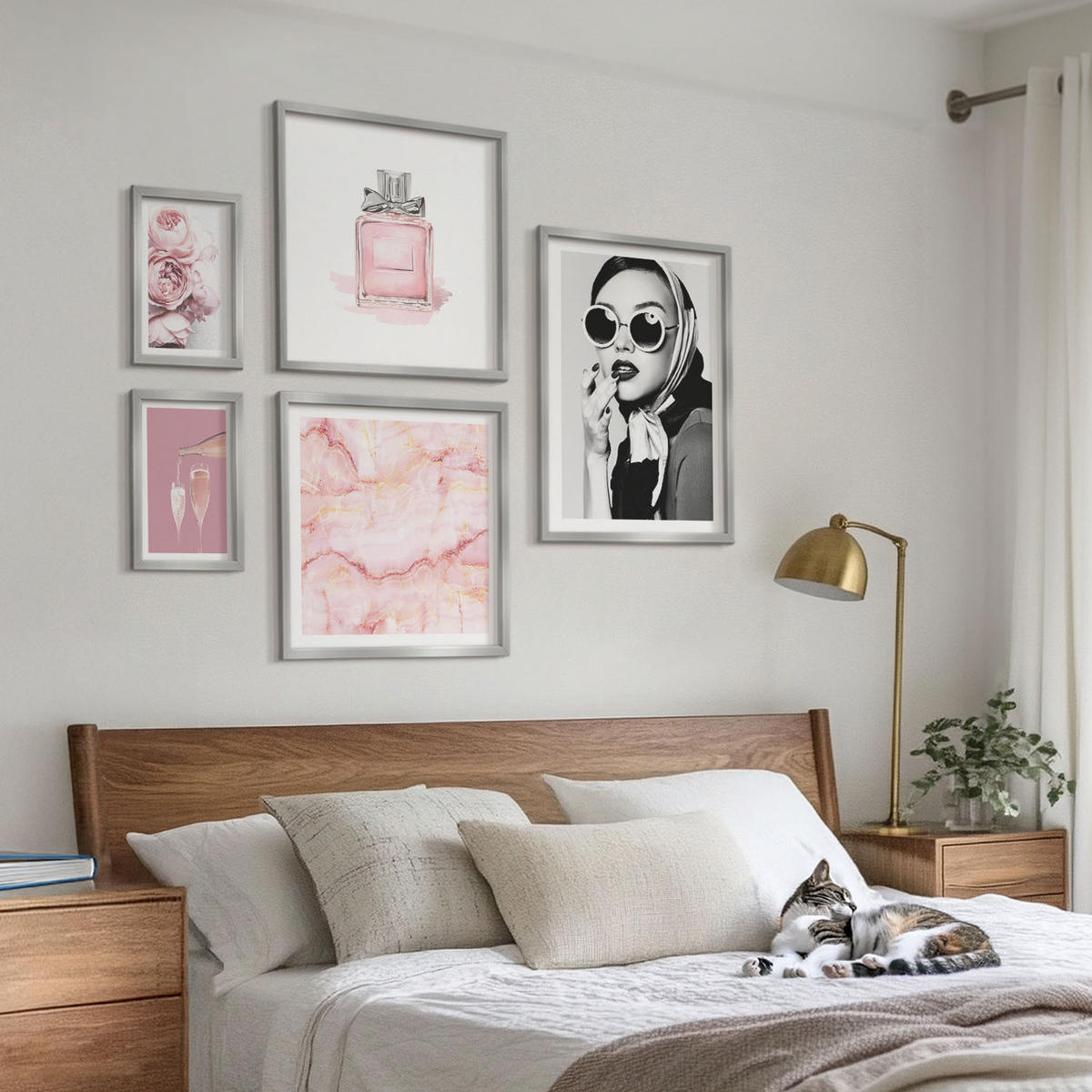 BILDER SET 5er Set - 50x50 cm & 20x30 cm & 40x60 cm Silberner Rahmen - Stilvolle pinkfarbene Accessoires - Silberfarben, Kunststoff (40/60cm) - TULUP