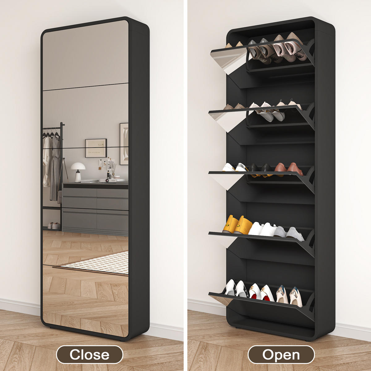 SCHUHSCHRANK aus MDF 63x19.6x176.5cm in Schwarz mit Spiegel - Schwarz, Holzwerkstoff (63/176.5/19.6cm) - Modfu