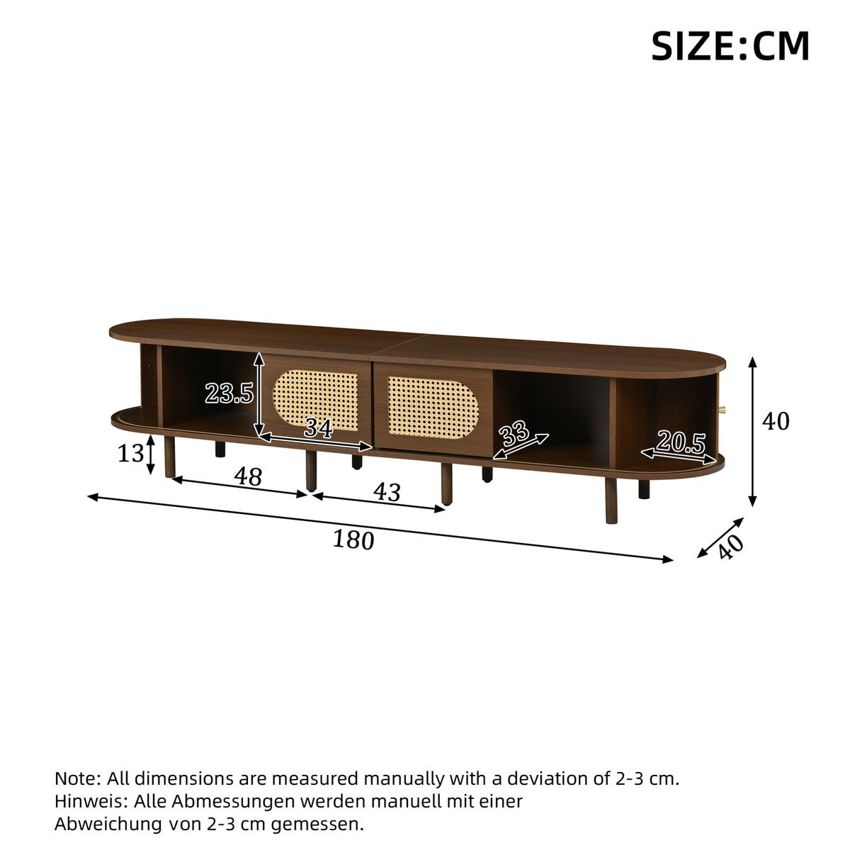 LOWBOARD 180/40/40 cm aus MDF mit Rattan-Fronten und Rollladentüren Walnussfarben - Braun, Holzwerkstoff (180/40/40cm) - Modenvie