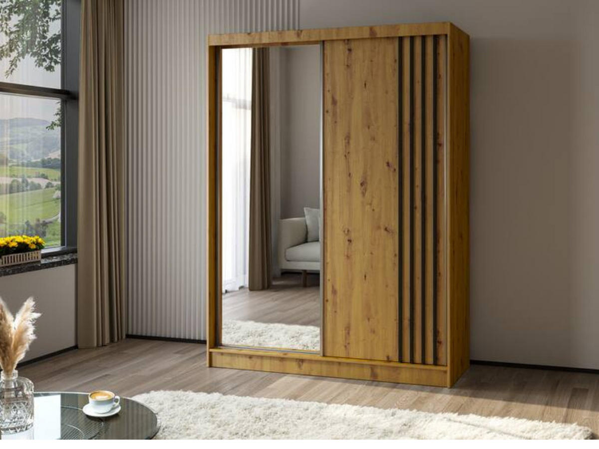 SCHWEBETÜRENSCHRANK Neli 160 cm mit Lamellen und Spiegel 2-türig, Artisan, Artisan, Lamelle schwarz - Schwarz/Braun, Kunststoff (160/216/61cm) - Margaret Hadas24