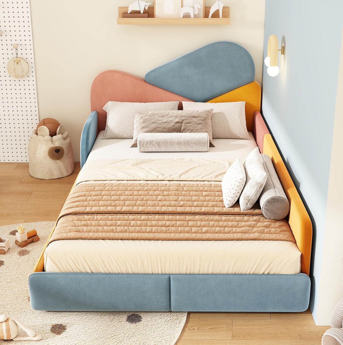 KINDER-POLSTERBETT 140x200 cm in Blau mit Patchwork-Design und erhöhtem Seitenschutz - Blau, Textil (140/200cm) - IVMEU